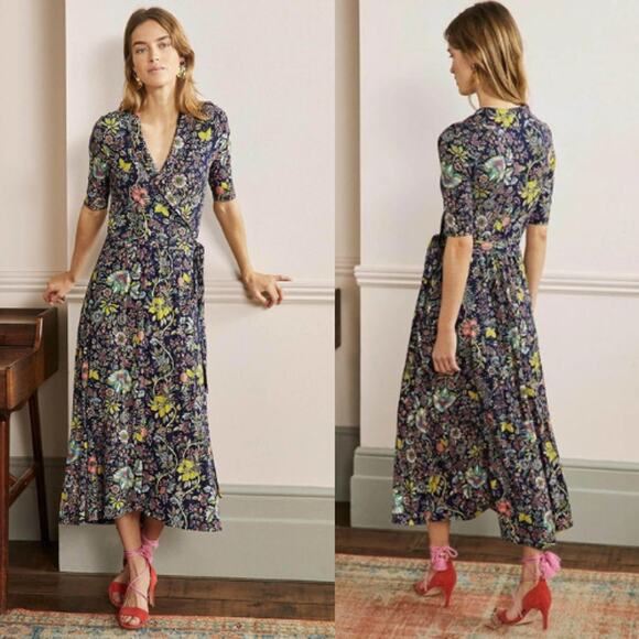 Boden Lavinia Jersey Wrap Dress Floral Print Short Sleeve Midi Tropic Meadow - Picture 1 of 12